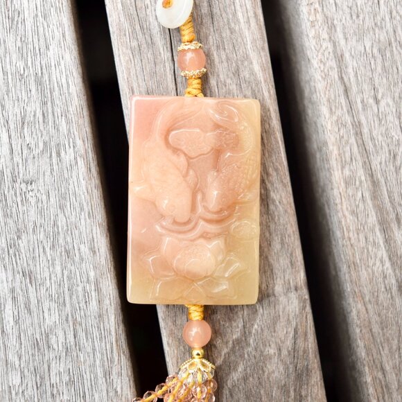 Orange Lotus Fish Tassel Ornament - Chinese Jade Bag Charm - Picture 2 of 3